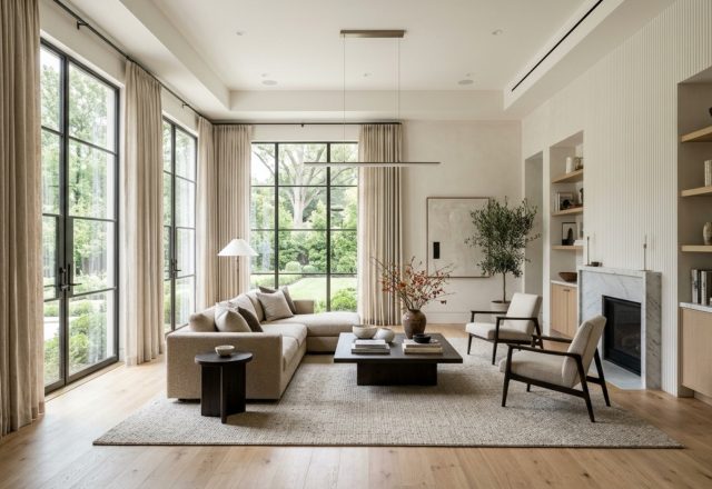 luxury curtain designs for windows textures featuring heavy oatmeal Belgian linen panels with a crisp 'hover' hem in a sun-drenched living room.