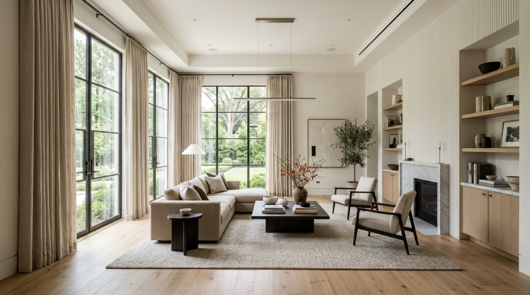 luxury curtain designs for windows textures featuring heavy oatmeal Belgian linen panels with a crisp 'hover' hem in a sun-drenched living room. luxury curtain designs for windows textures featuring heavy oatmeal Belgian linen panels with a crisp 'hover' hem in a sun-drenched living room.