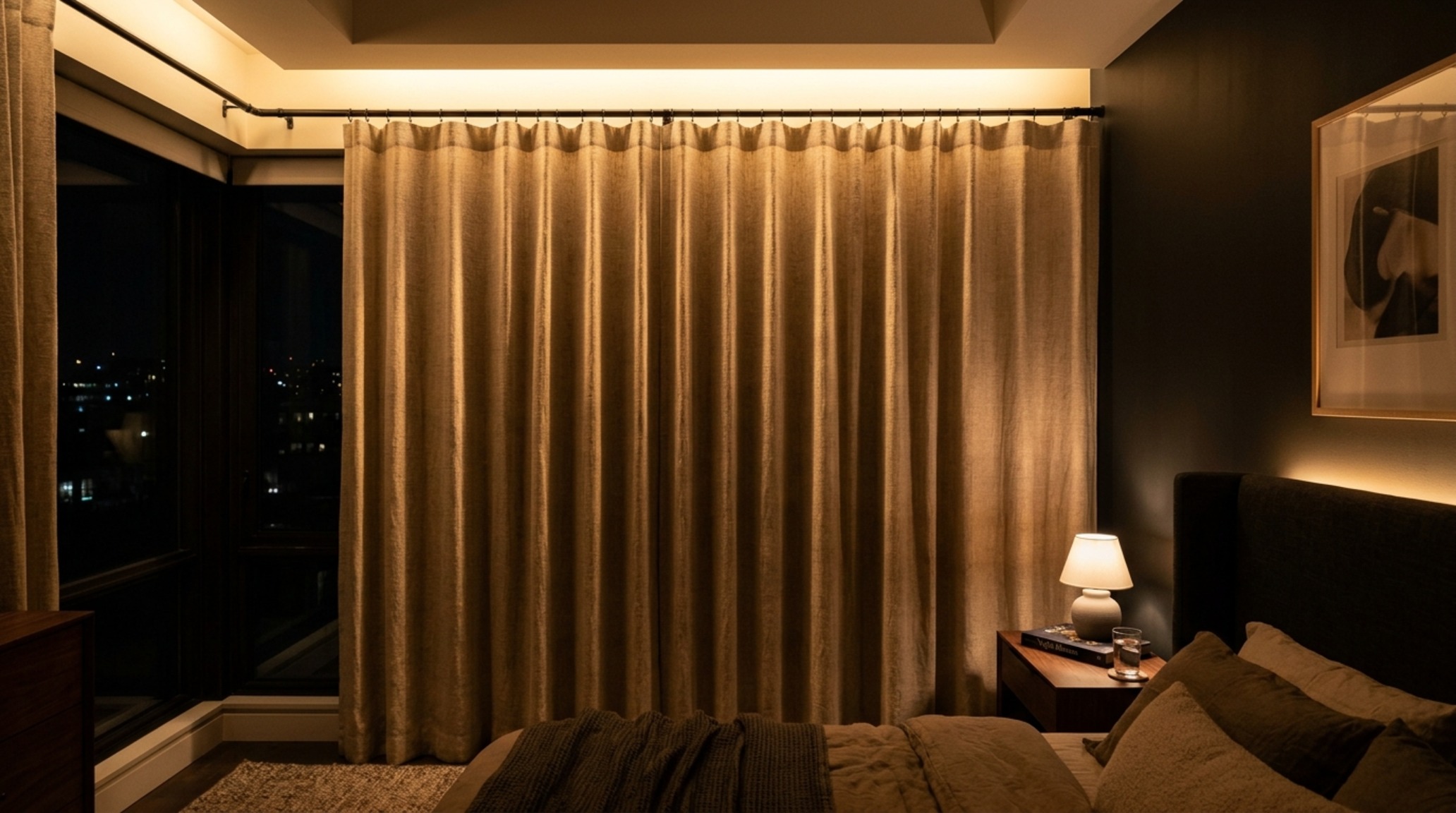 curtain designs for windows lighting guide displaying the effect of 2700K ambient light grazing the vertical folds of linen drapery at night. curtain designs for windows lighting guide displaying the effect of 2700K ambient light grazing the vertical folds of linen drapery at night.