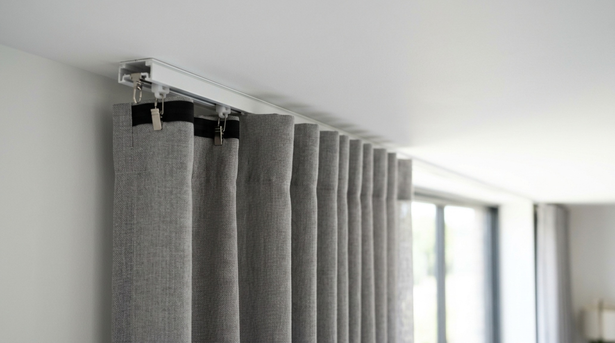 modern curtain designs for windows ideas showcasing a minimalist black ripple-fold track system integrated into a concrete ceiling. modern curtain designs for windows ideas showcasing a minimalist black ripple-fold track system integrated into a concrete ceiling.