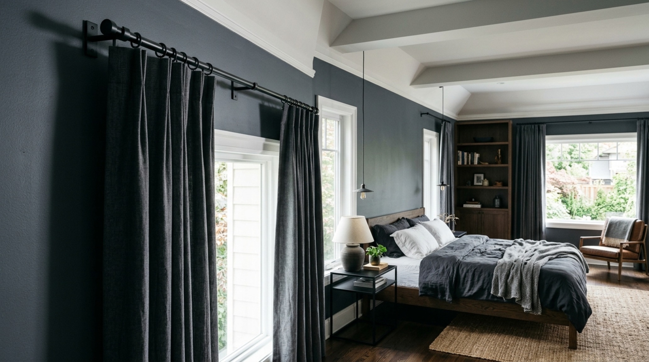 modern curtain designs for windows ideas featuring inverted box pleat headers in a slate charcoal fabric against off-white plaster walls. modern curtain designs for windows ideas featuring inverted box pleat headers in a slate charcoal fabric against off-white plaster walls.