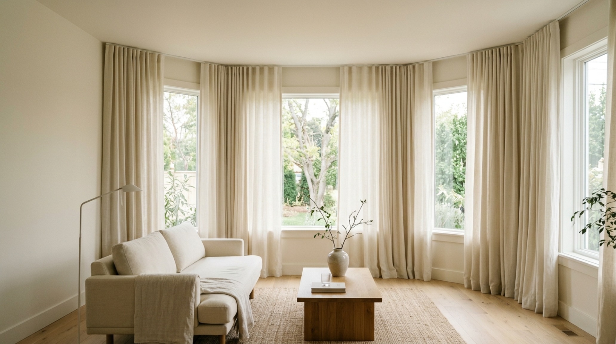 small space curtain designs for windows utilizing tone-on-tone fabric matching Benjamin Moore Swiss Coffee walls for a seamless visual flow. small space curtain designs for windows utilizing tone-on-tone fabric matching Benjamin Moore Swiss Coffee walls for a seamless visual flow.