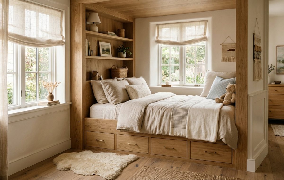 small space cute bedroom ideas for girls featuring a custom built-in alcove bed with integrated storage drawers and soft neutral linen bedding in a compact 10x12 room.
