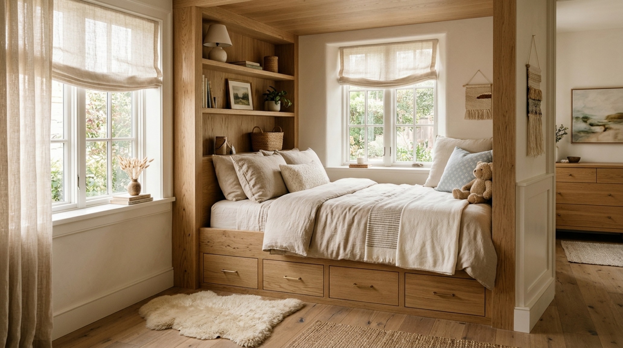 small space cute bedroom ideas for girls featuring a custom built-in alcove bed with integrated storage drawers and soft neutral linen bedding in a compact 10x12 room. small space cute bedroom ideas for girls featuring a custom built-in alcove bed with integrated storage drawers and soft neutral linen bedding in a compact 10x12 room.