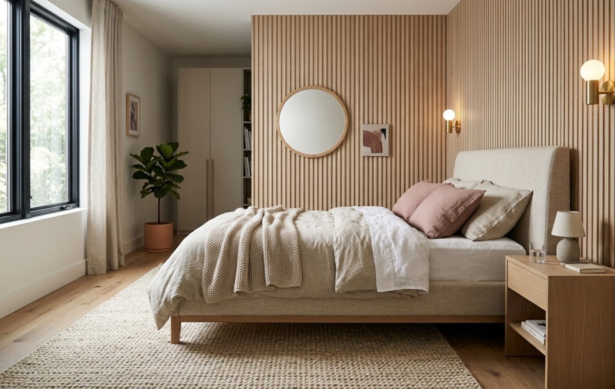 modern cute bedroom ideas for girls ideas featuring a minimalist linen bed frame and custom floor-to-ceiling white oak cabinetry
