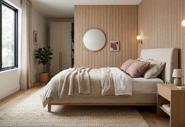 modern cute bedroom ideas for girls ideas featuring a minimalist linen bed frame and custom floor-to-ceiling white oak cabinetry