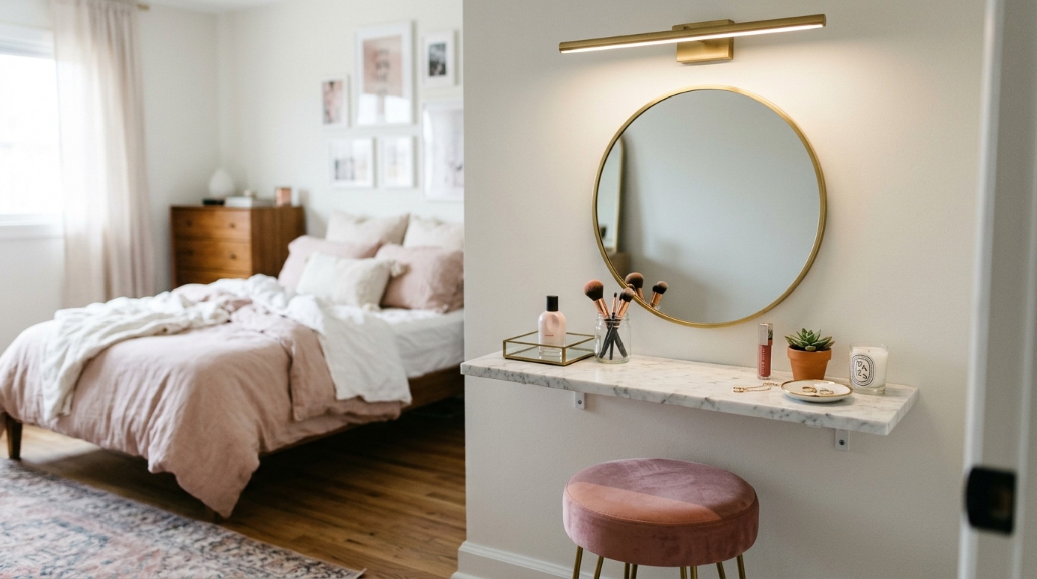 small space cute bedroom ideas for girls with a wall-mounted vanity mirror and slim-profile console desk to maintain open sightlines and floor visibility. small space cute bedroom ideas for girls with a wall-mounted vanity mirror and slim-profile console desk to maintain open sightlines and floor visibility.