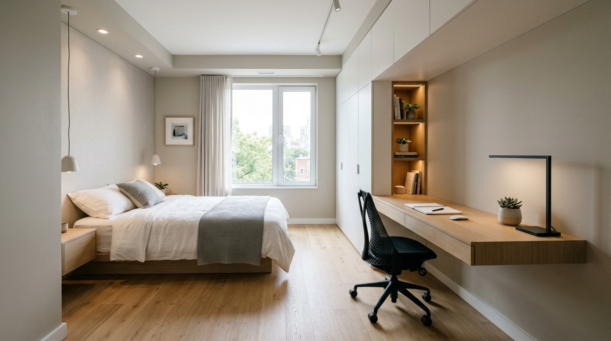 small space cute bedroom ideas for girls utilizing vertical shelving and a cantilevered desk to maximize 36-inch walkway clearances