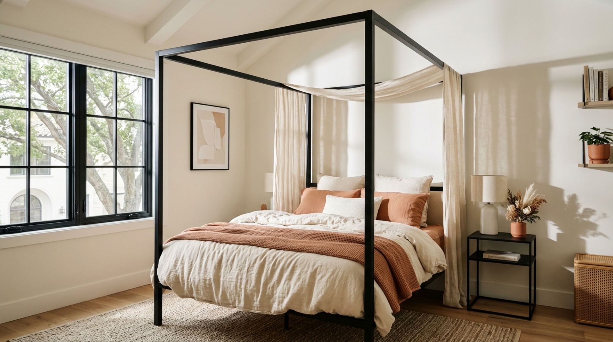 modern cute bedroom ideas for girls ideas with a minimalist canopy bed frame in matte black metal contrasting against soft blush pink walls and a textured cream rug. modern cute bedroom ideas for girls ideas with a minimalist canopy bed frame in matte black metal contrasting against soft blush pink walls and a textured cream rug.