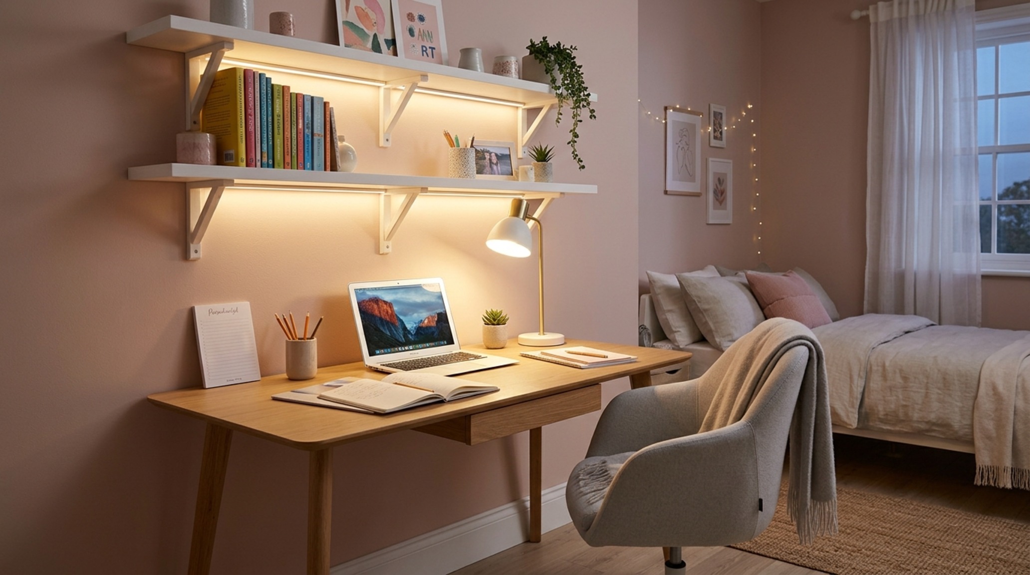 cute bedroom ideas for girls lighting guide demonstrating the effect of 3000K task lighting on a bespoke study area