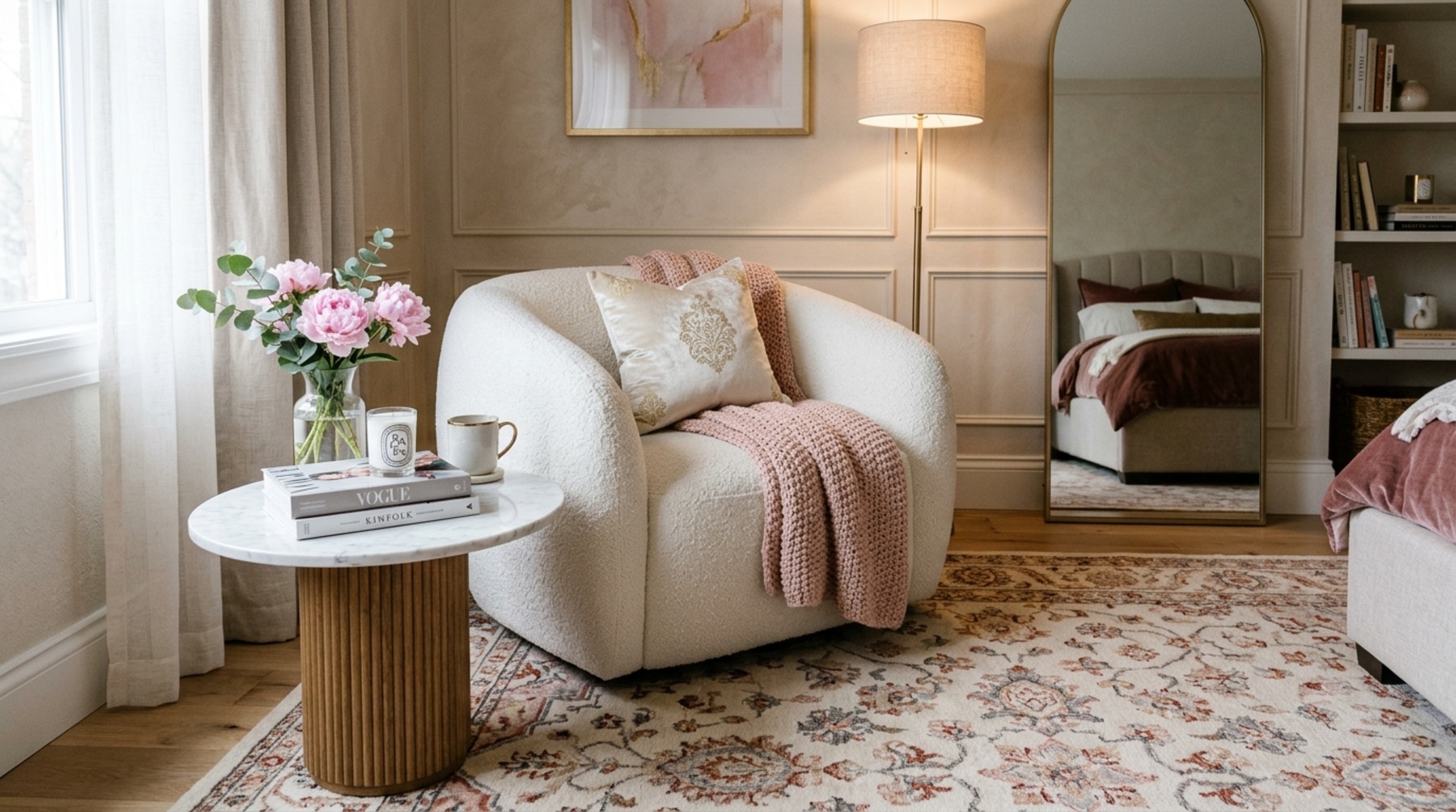 luxury cute bedroom ideas for girls textures featuring a bouclé accent chair and hand-knotted wool rug in Swiss Coffee