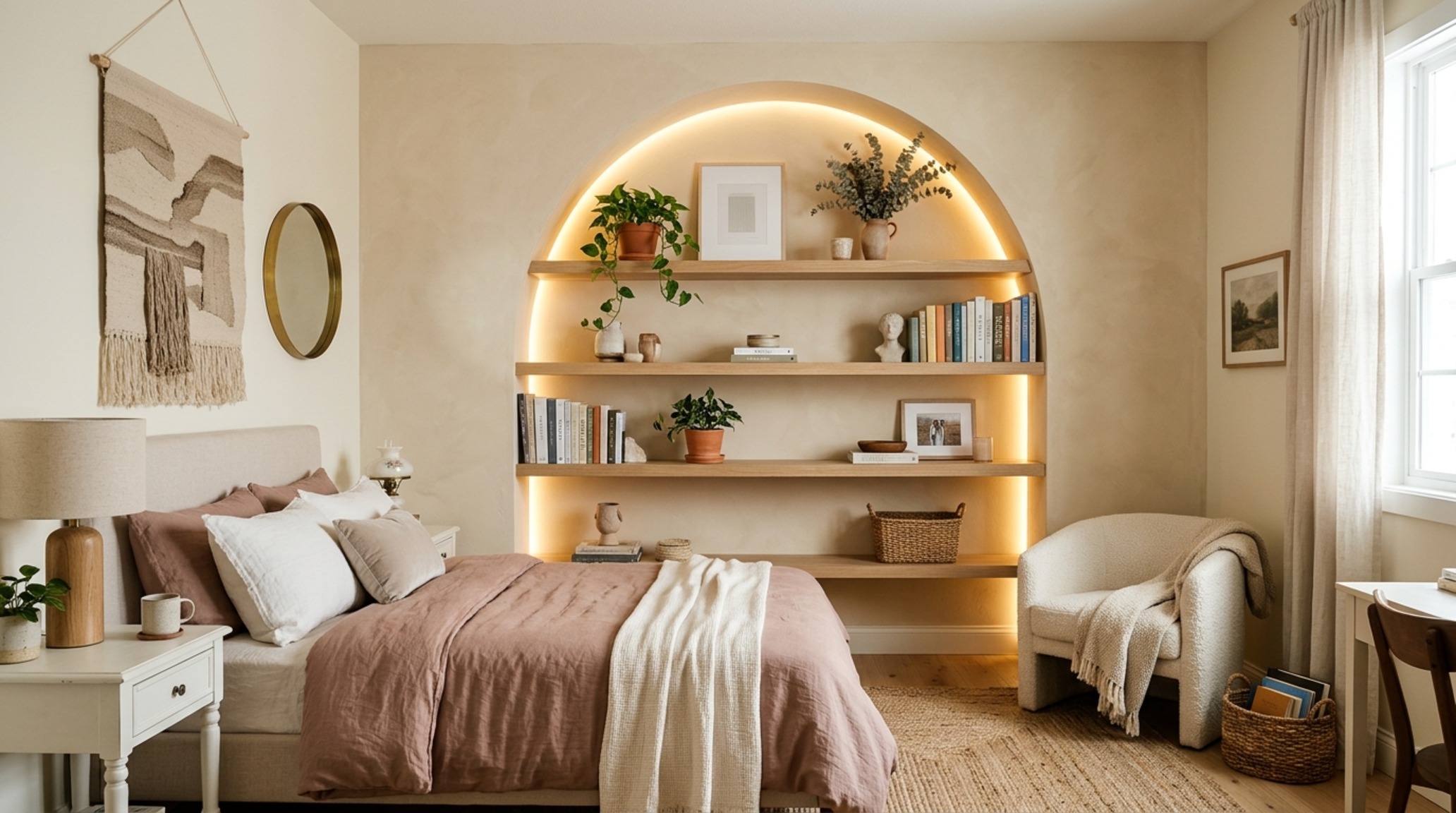 modern cute bedroom ideas for girls ideas showcasing an arched alcove with floating shelves for a gallery-inspired display