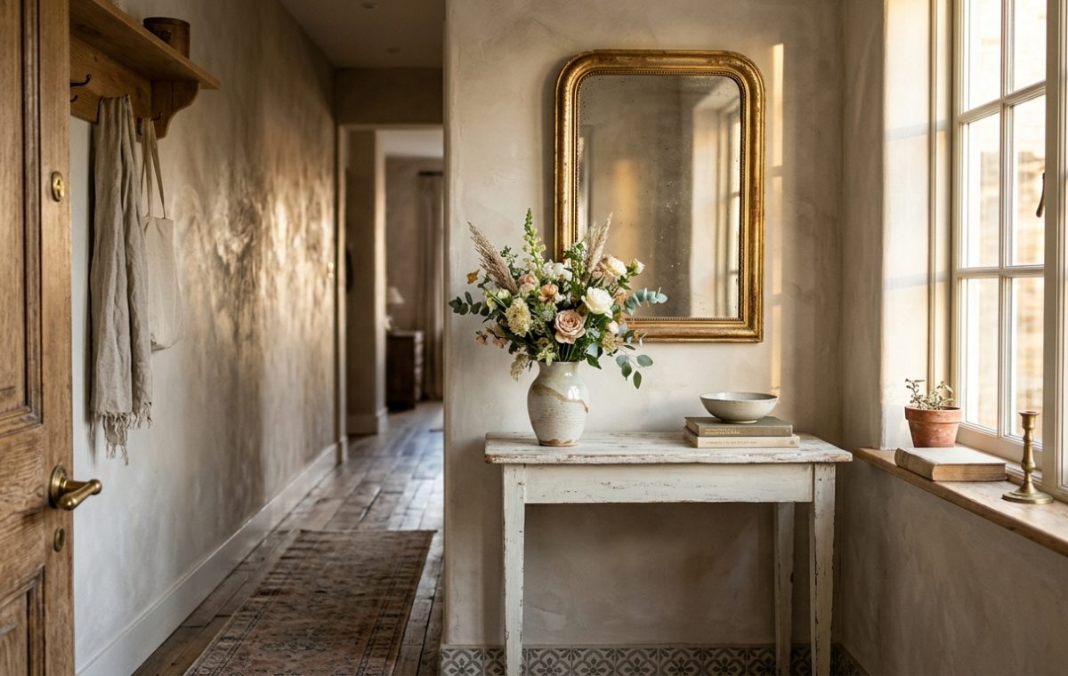A bright hero shot of a narrow entryway featuring a distressed white console table and soft floral accents with high-CRI lighting.