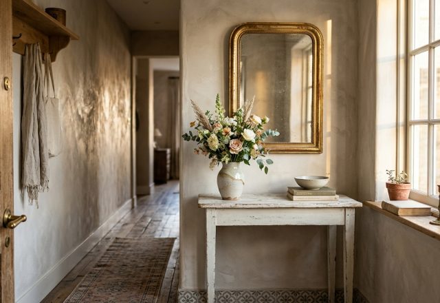 A bright hero shot of a narrow entryway featuring a distressed white console table and soft floral accents with high-CRI lighting.