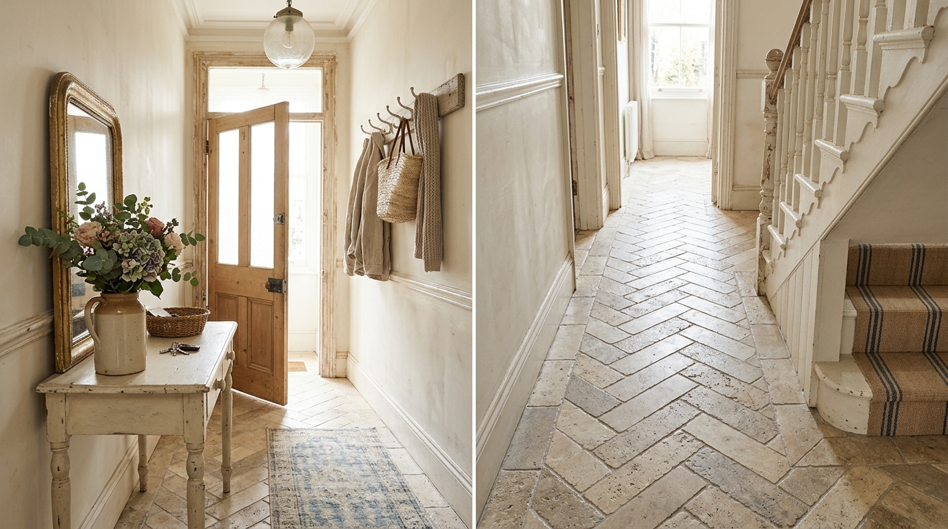 Luxury narrow entryway ideas: Honed limestone flooring paired with cream-colored beadboard paneling for a timeless feel.