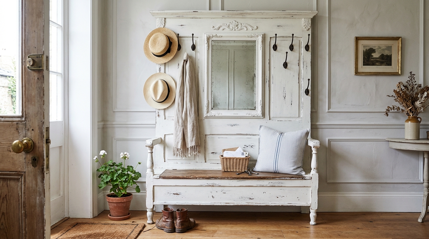 A cozy corner with a vintage hall tree and a collection of straw hats, demonstrating ergonomic storage in tight spaces.