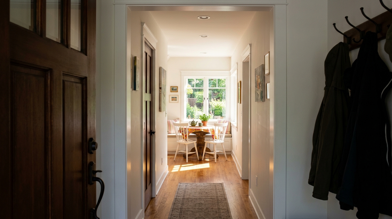Sightline alignment: Looking through a shabby chic entryway toward a sunlit living room to create visual expansion.
