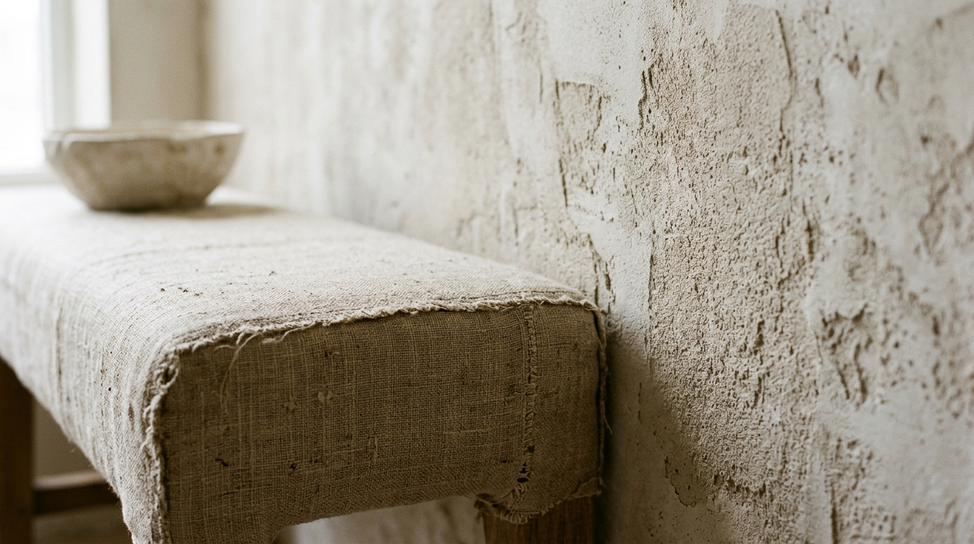 Layered textiles in a hallway including a linen bench runner and a hand-woven rug for a soft acoustic dampening effect.