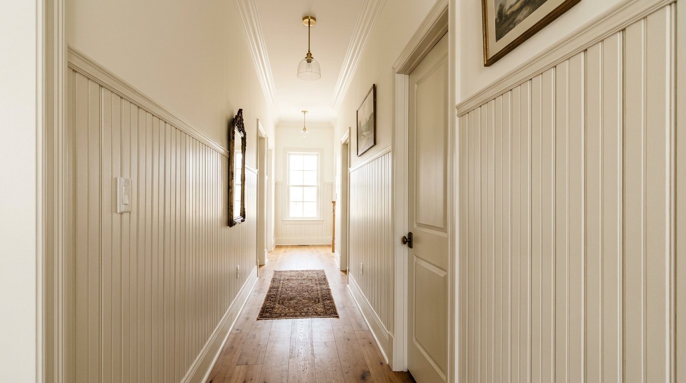 Vertical design: Using tall, slender wainscoting to elongate the proportions of a low-ceiling narrow entryway.