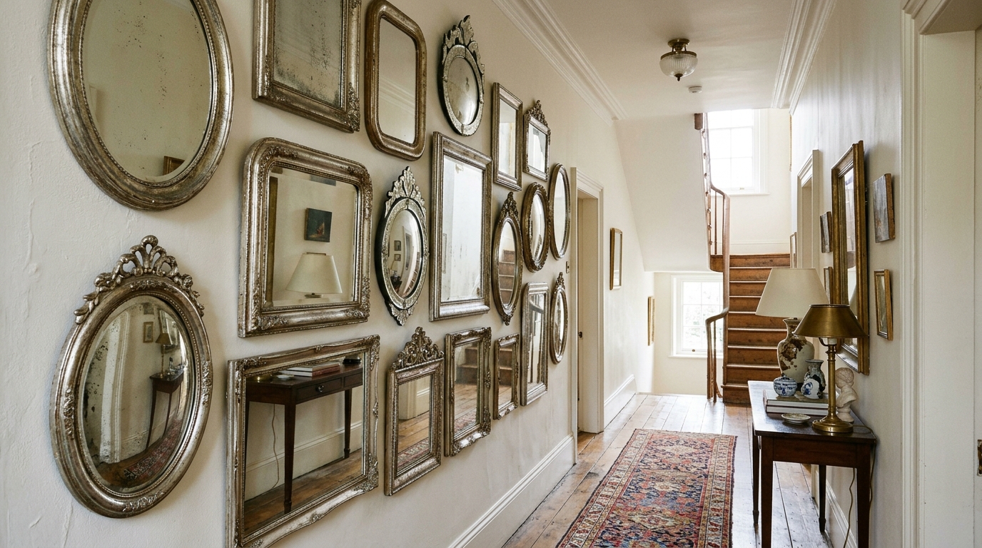 A collection of antique silver mirrors of varying sizes creating a gallery wall that broadens a narrow corridor.