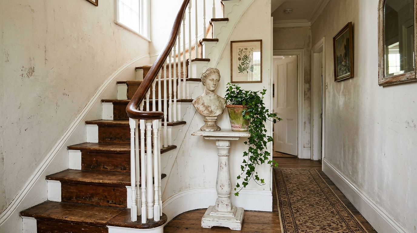 The intersection of a narrow hallway and a staircase, showing seamless material transitions and consistent design flow.