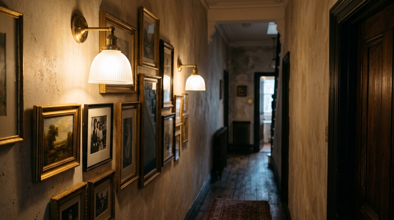 Atmospheric lighting shot in a narrow corridor with 2700K wall sconces creating a soft, warm glow on vintage frames.