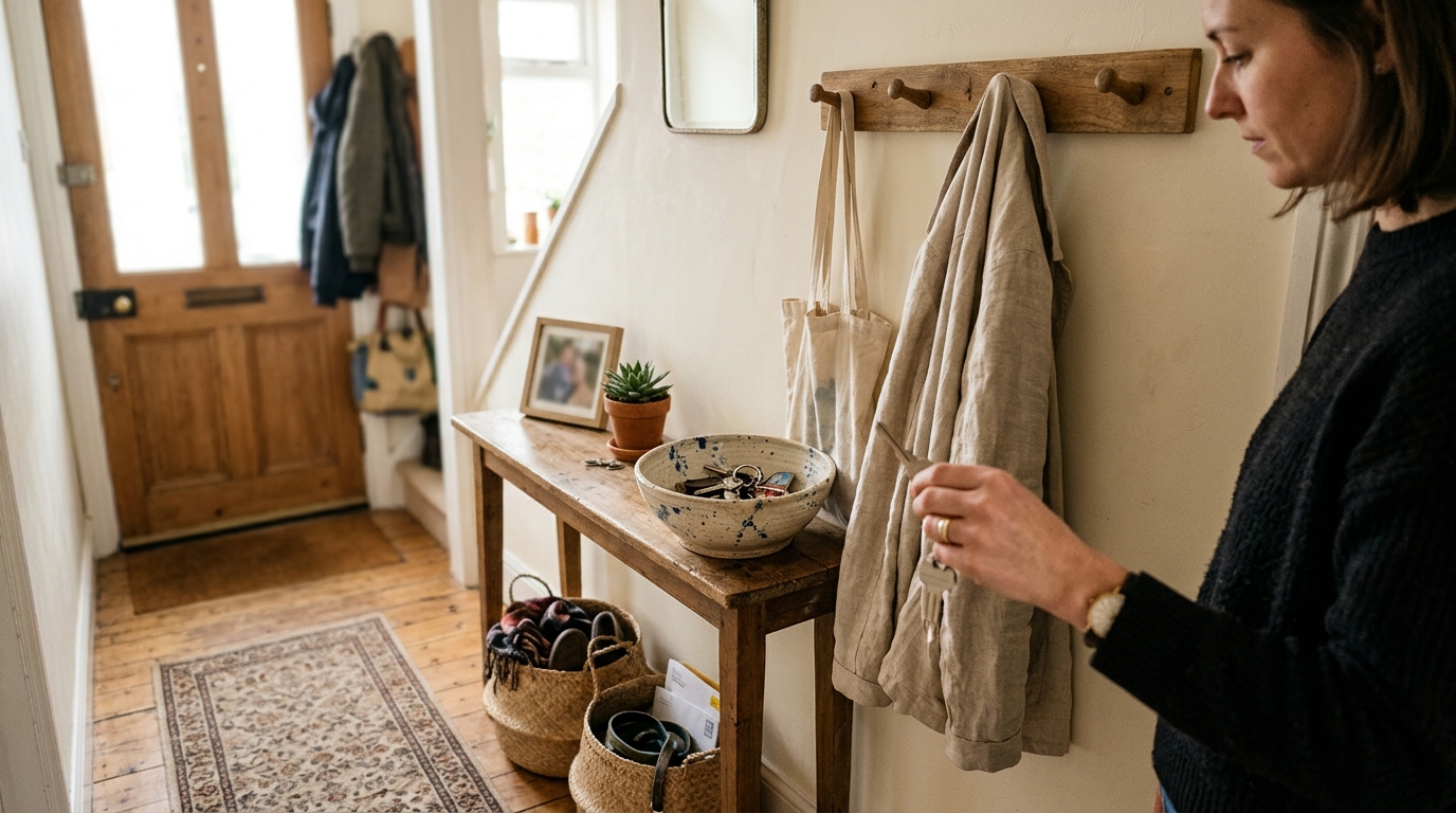 Functional living snapshot showing an organized entryway with seagrass baskets and an 18-inch height seating bench.