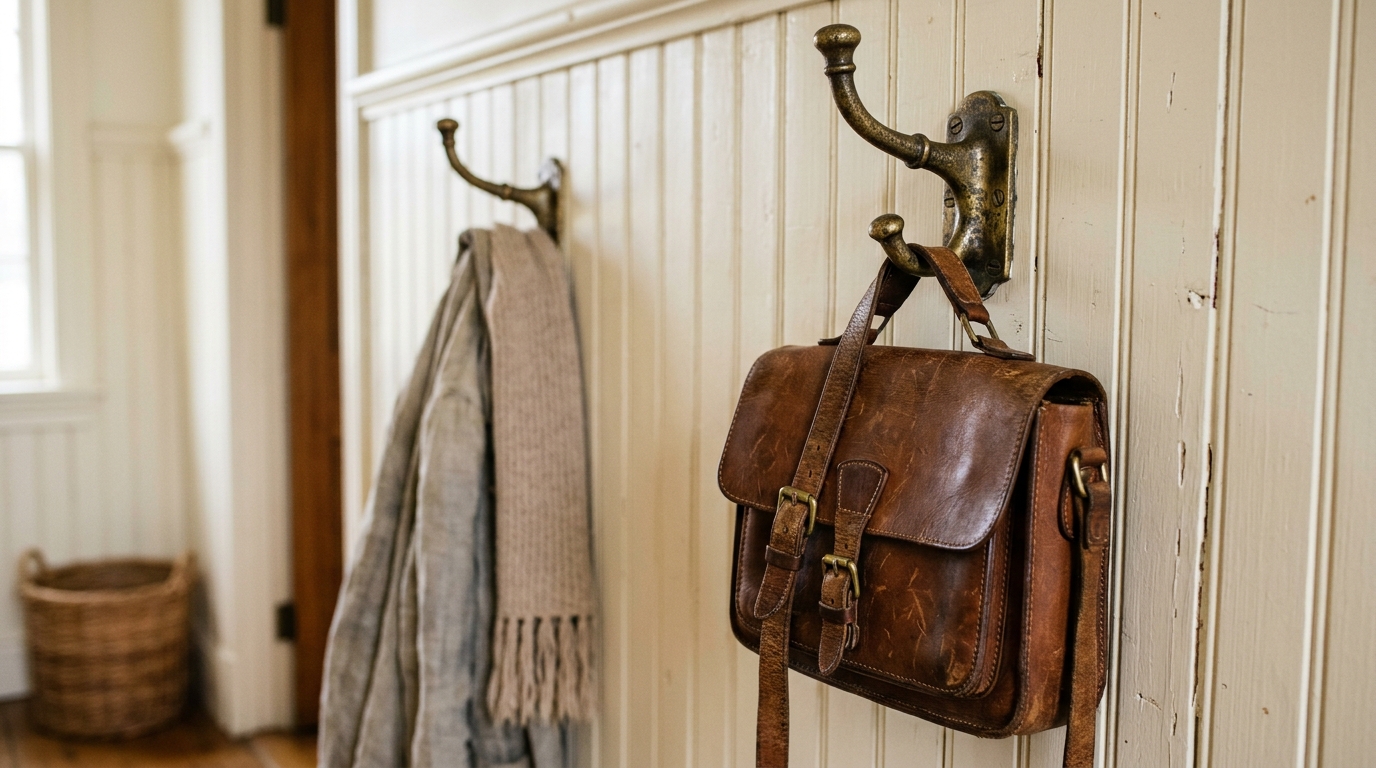 Detailed shot of antique brass hardware on a distressed mint green hallway cabinet with natural afternoon sunlight.