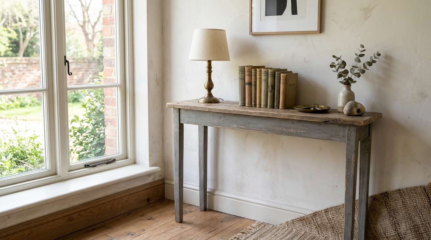 Minimalist shabby chic console setup with a ceramic vase and dried lavender, emphasizing narrow-depth furniture solutions.