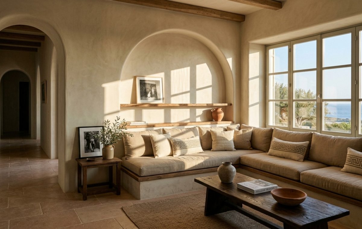 modern greek revival interior design featuring a minimalist living room with lime-plastered walls and a built-in stone banquette under soft afternoon light.