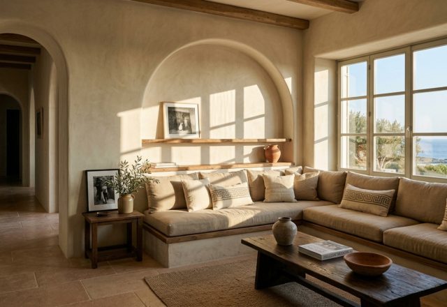 modern greek revival interior design featuring a minimalist living room with lime-plastered walls and a built-in stone banquette under soft afternoon light.