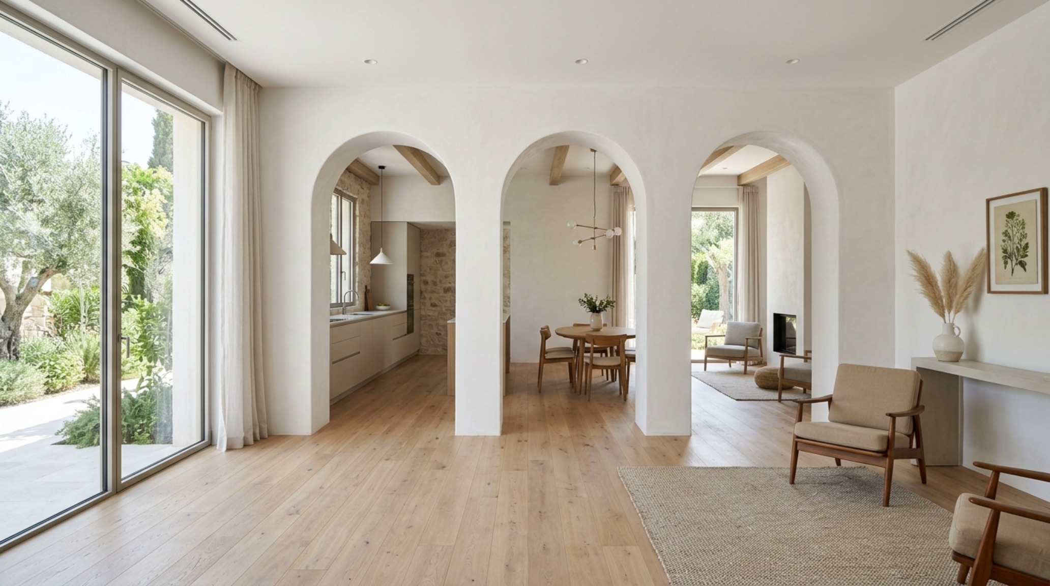 incorporating the golden ratio in home design with a series of arched doorways that follow classical proportions in a modern minimalist villa.
