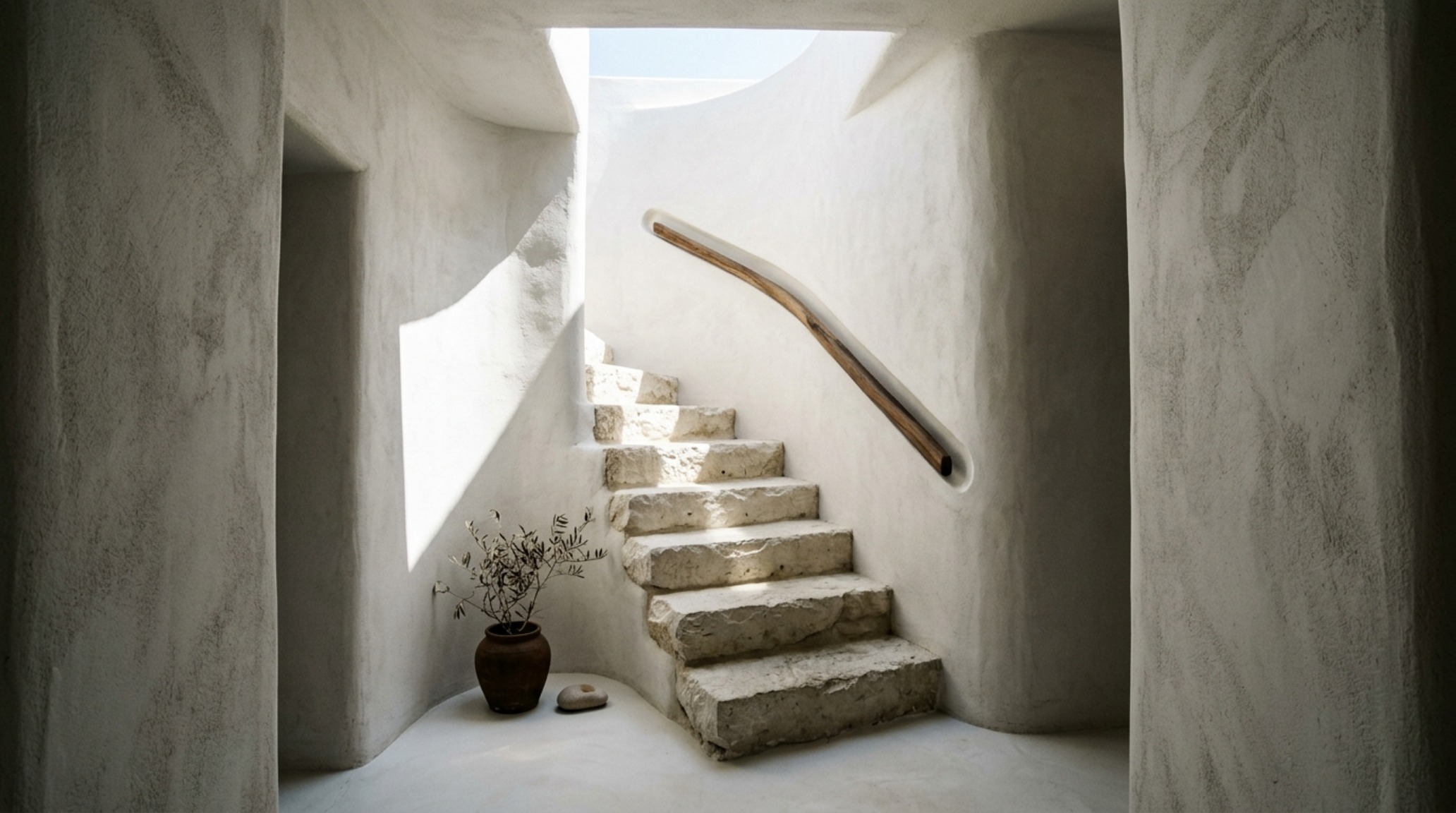 cycladic minimalist residential design detail of a hand-burnished plaster wall catching the high-contrast shadows of a pergolas rafters.