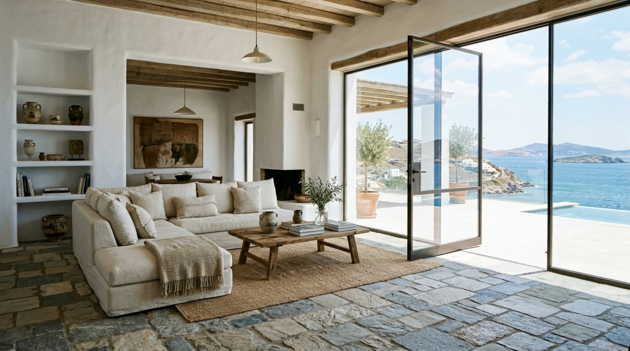 modern greek revival interior design highlighting the use of reclaimed Kavala stone flooring in a spacious, light-filled open plan living area.