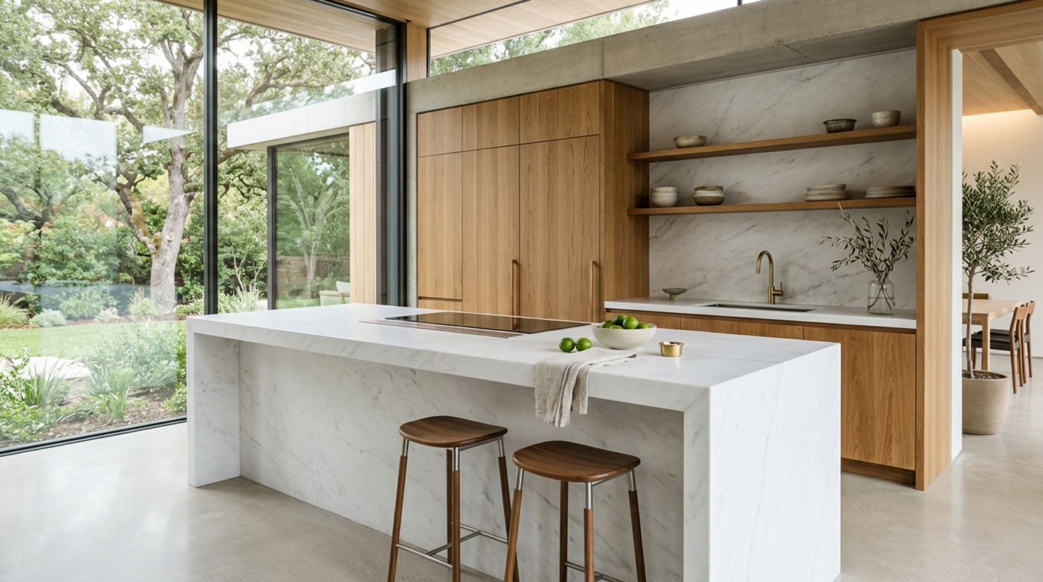 white marble in luxury modern homes showcased by a massive honed Thassos marble kitchen island with clean edges and integrated brass fixtures.