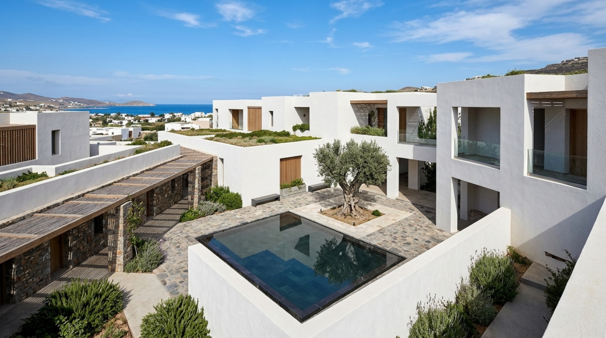 sustainable cooling with greek atrium layouts showing a central open-air courtyard with a thin reflection pool and olive tree specimen.