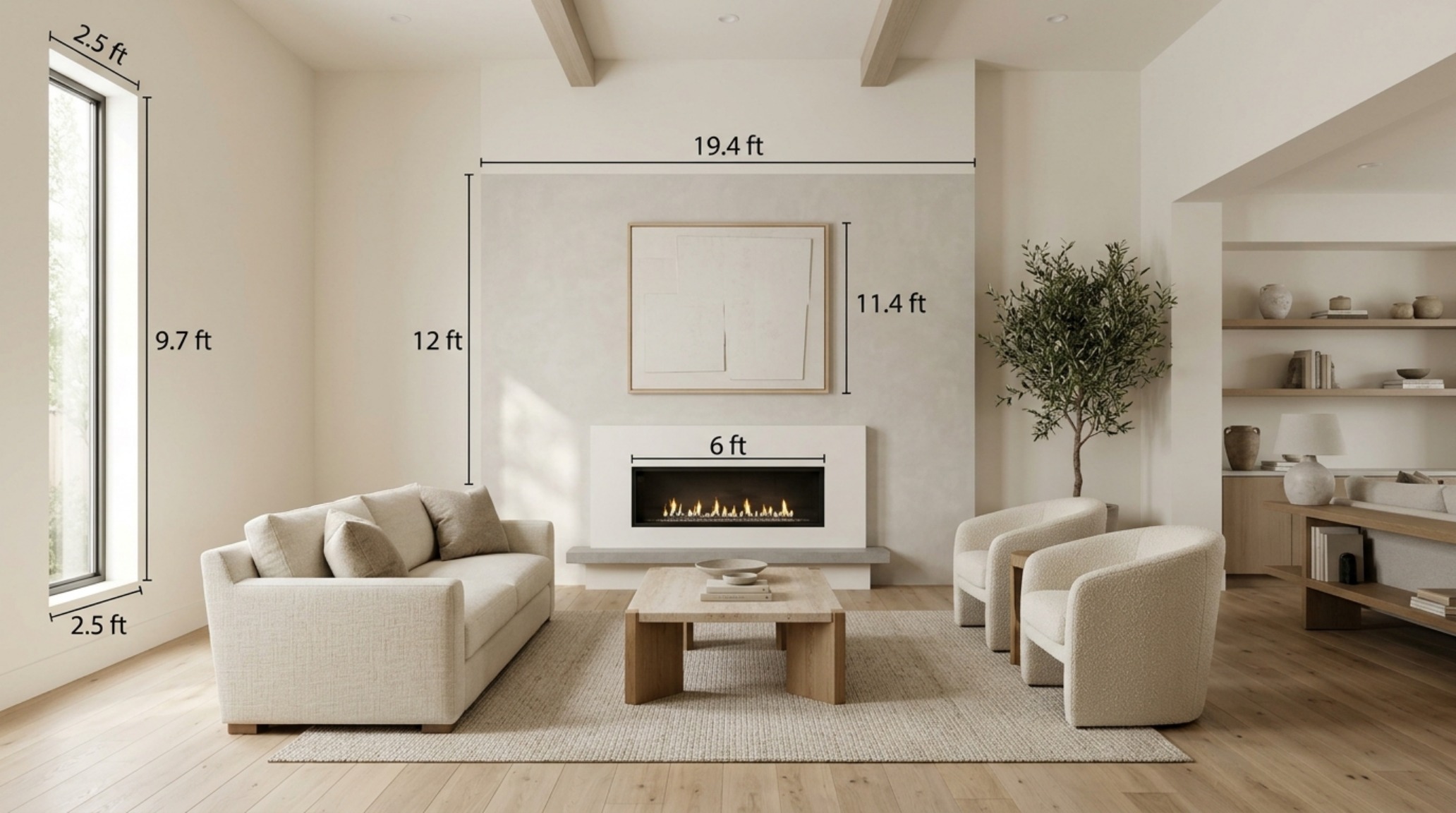 incorporating the golden ratio in home design through the precise alignment of a panoramic window and a sculptural plaster fireplace mantel.