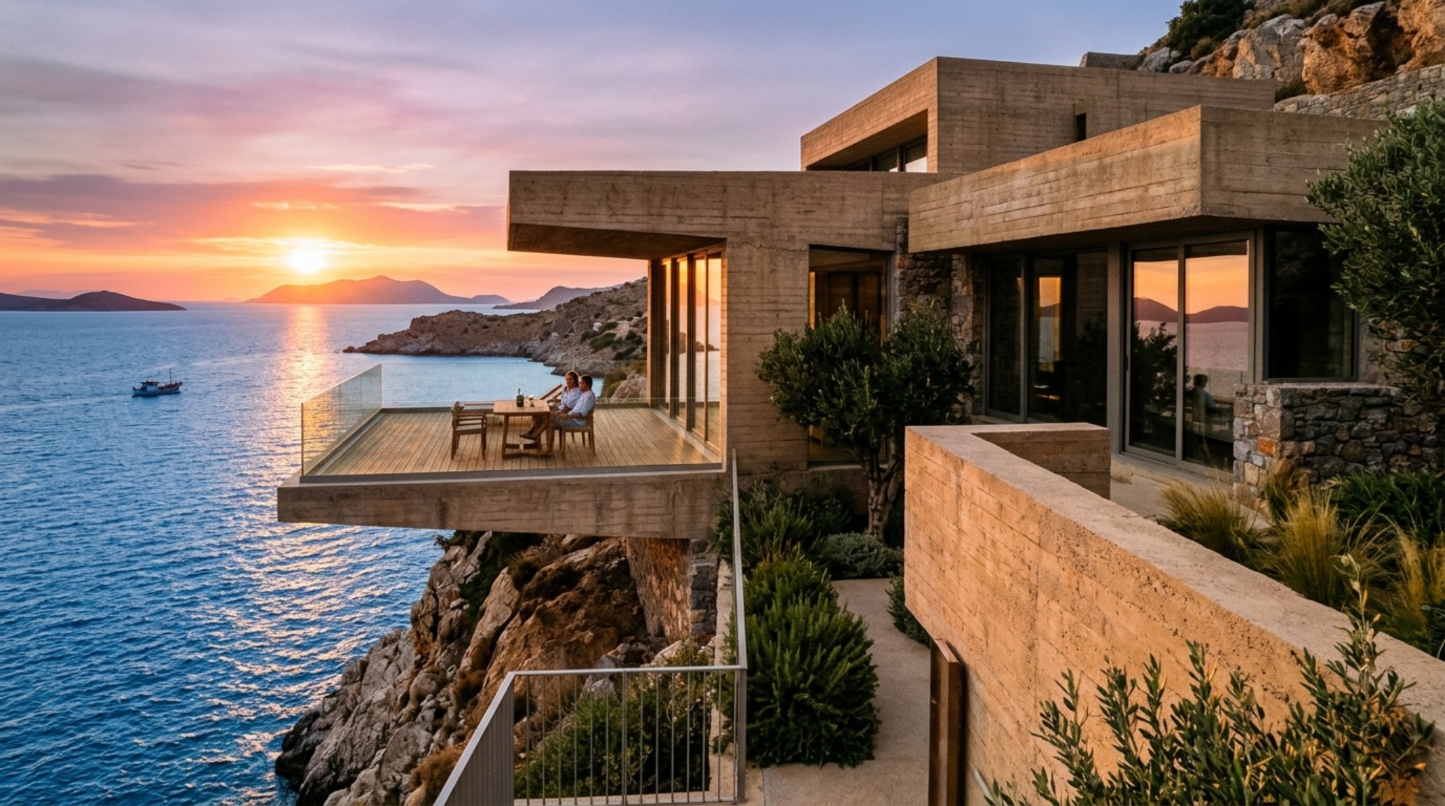 contemporary aegean concrete architecture displaying a cantilevered terrace with bush-hammered concrete surfaces and views of the Mediterranean horizon.