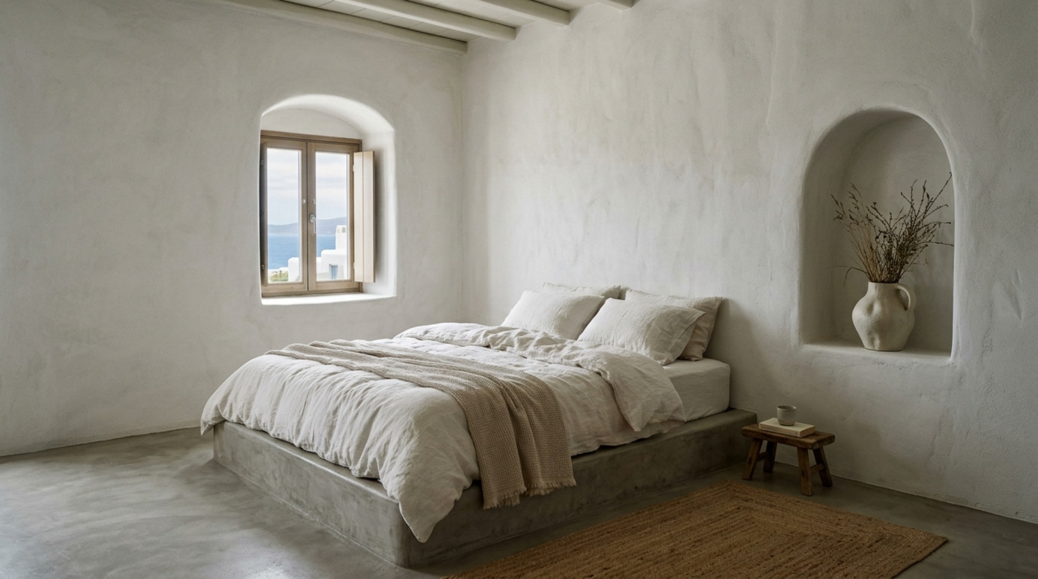 cycladic minimalist residential design focusing on a primary bedroom with monastic simplicity, white linen bedding, and a recessed wall niche.