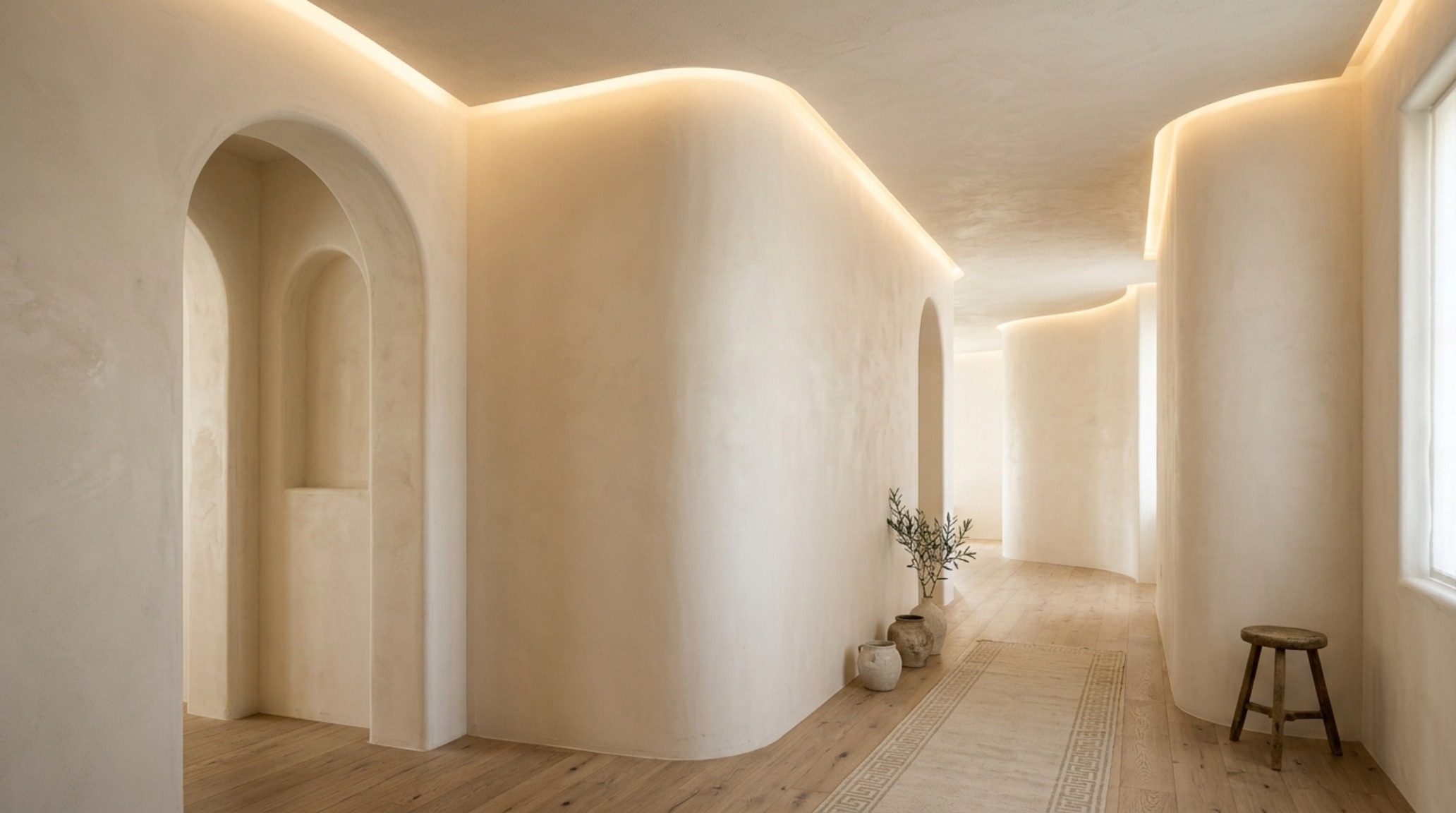 modern greek revival interior design illustrating a transition hallway with soft radiused corners and indirect 2700K cove lighting.