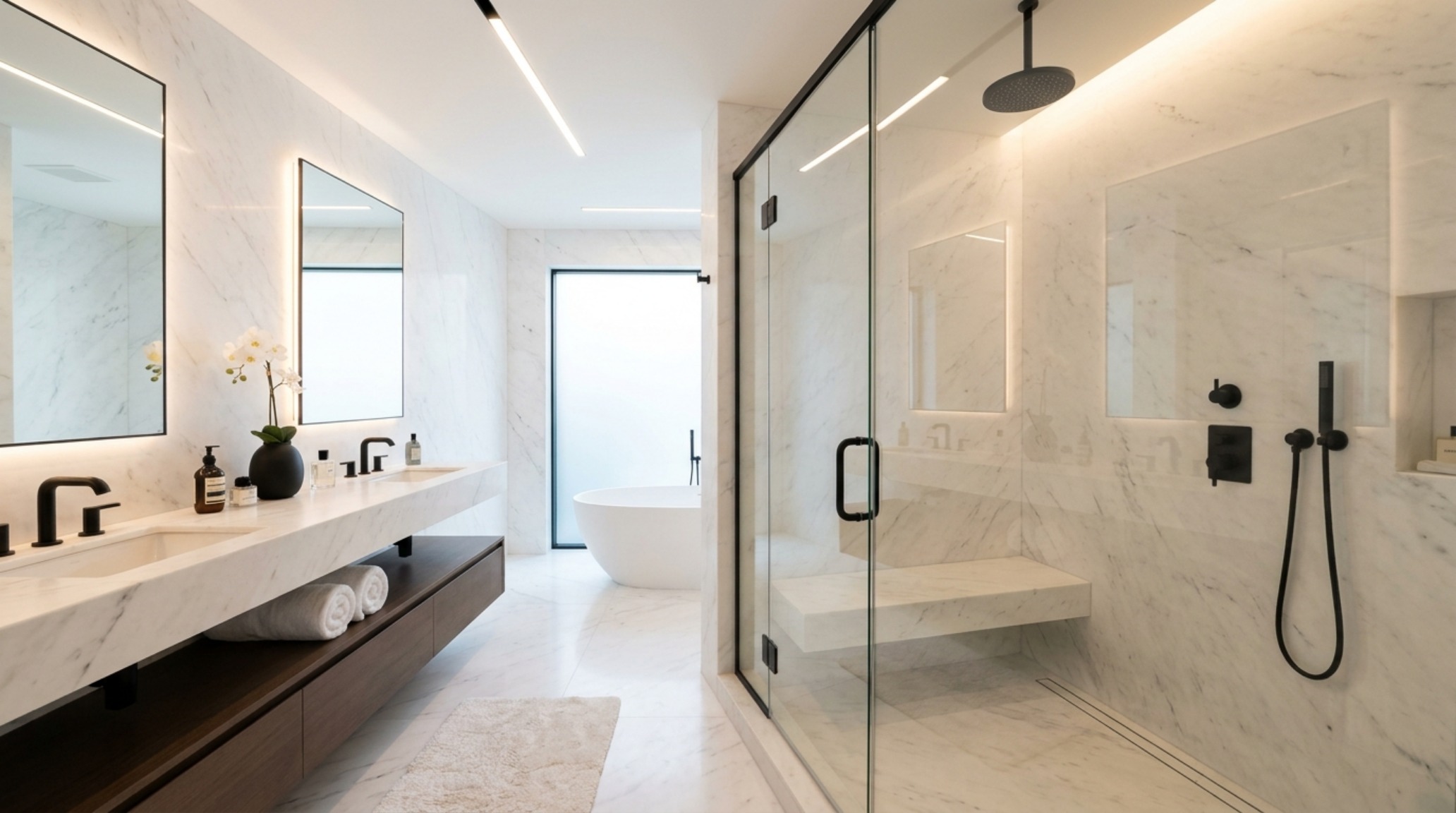 white marble in luxury modern homes in a bathroom setting with floor-to-ceiling Thassos marble slabs and a floating stone vanity.
