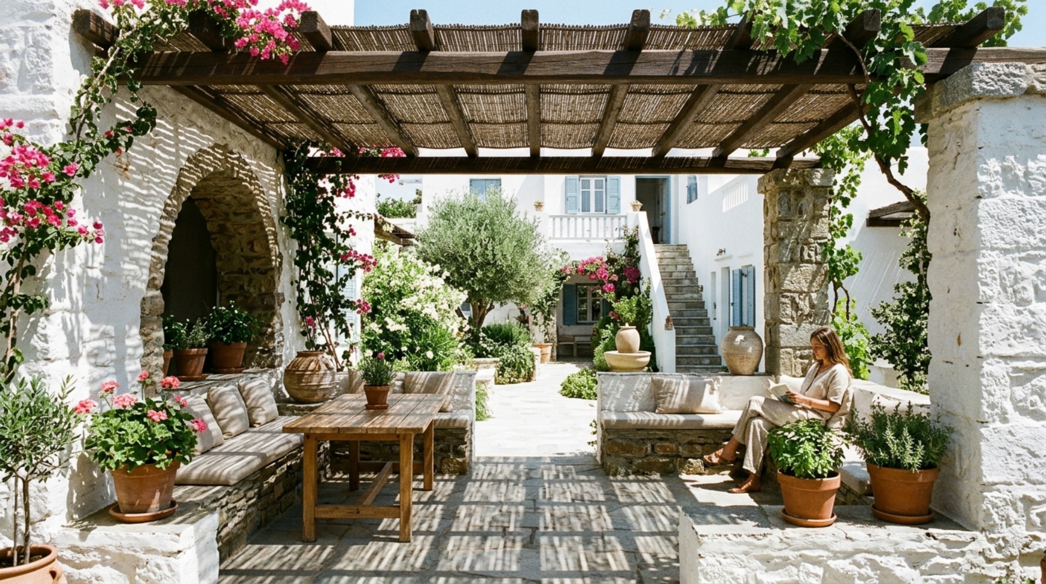 sustainable cooling with greek atrium layouts emphasizing the thermal mass of thick stone walls and a shaded colonnade for natural ventilation.
