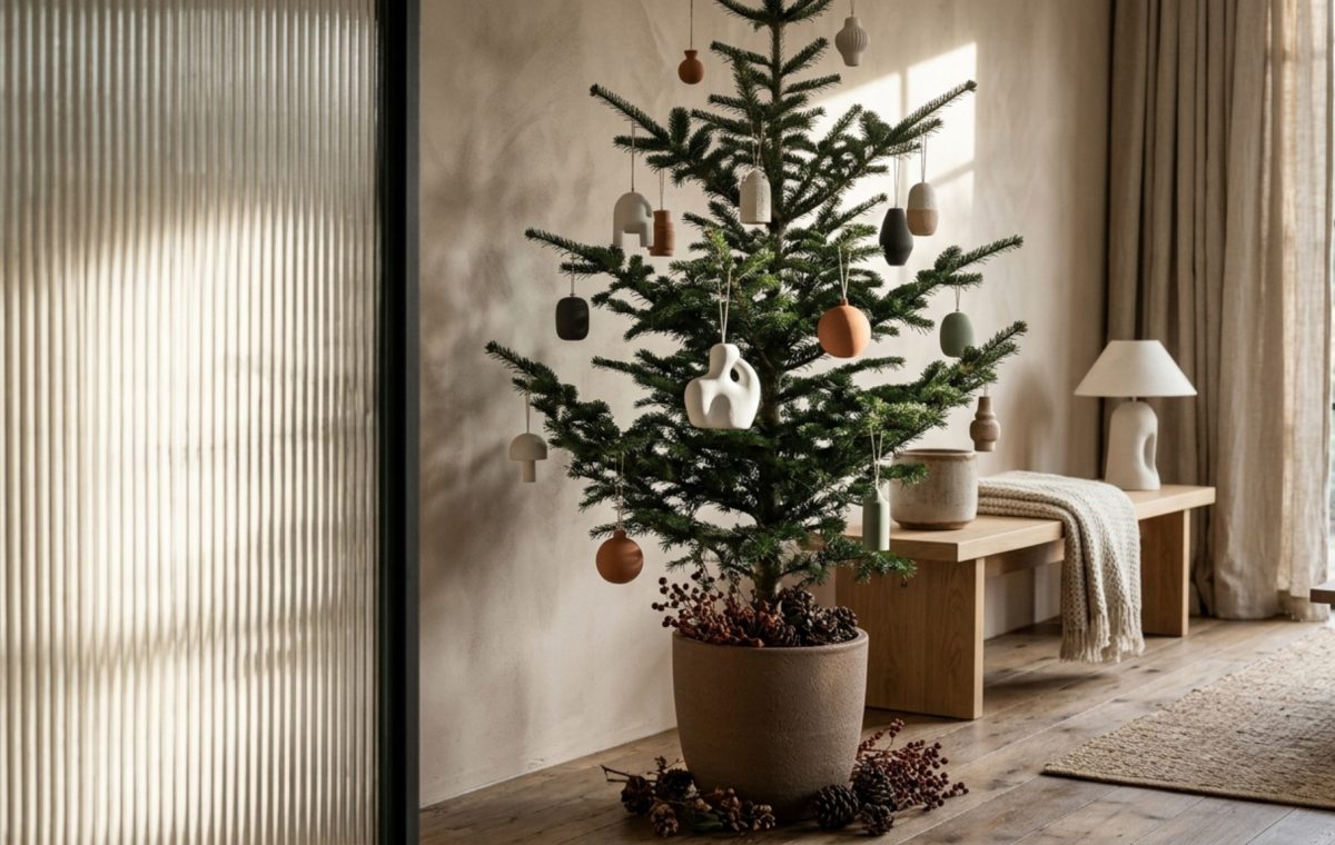 Modern designer xmas trees ideas featuring a deconstructed Alpine balsam with matte ceramic ornaments in a sunlit living room with Farrow & Ball Setting Plaster walls.