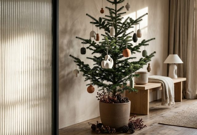 Modern designer xmas trees ideas featuring a deconstructed Alpine balsam with matte ceramic ornaments in a sunlit living room with Farrow & Ball Setting Plaster walls.
