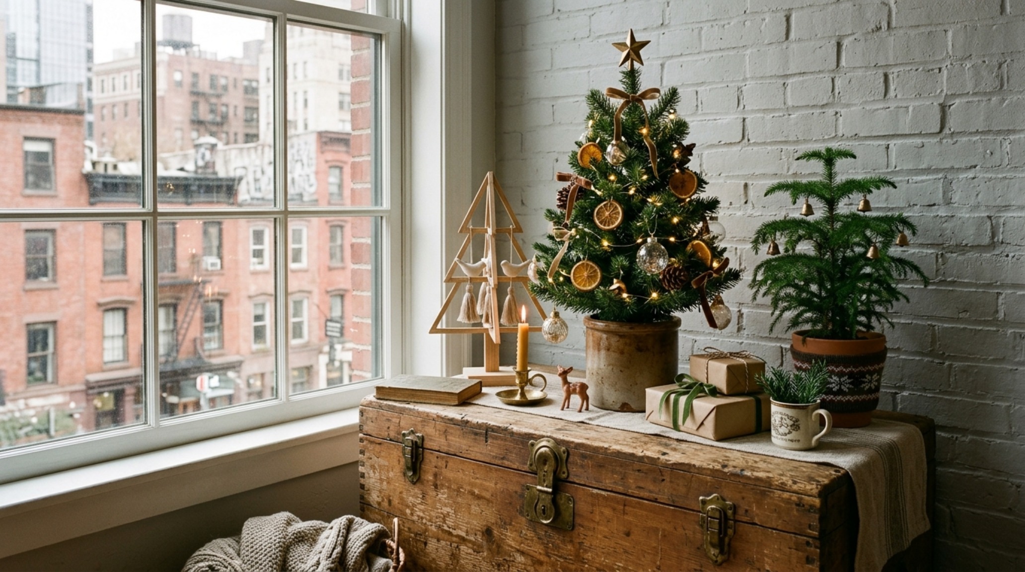 Small space designer xmas trees where a miniature perfectly-proportioned tree is used as a table-top centerpiece to preserve floor plane openness. Small space designer xmas trees where a miniature perfectly-proportioned tree is used as a table-top centerpiece to preserve floor plane openness.