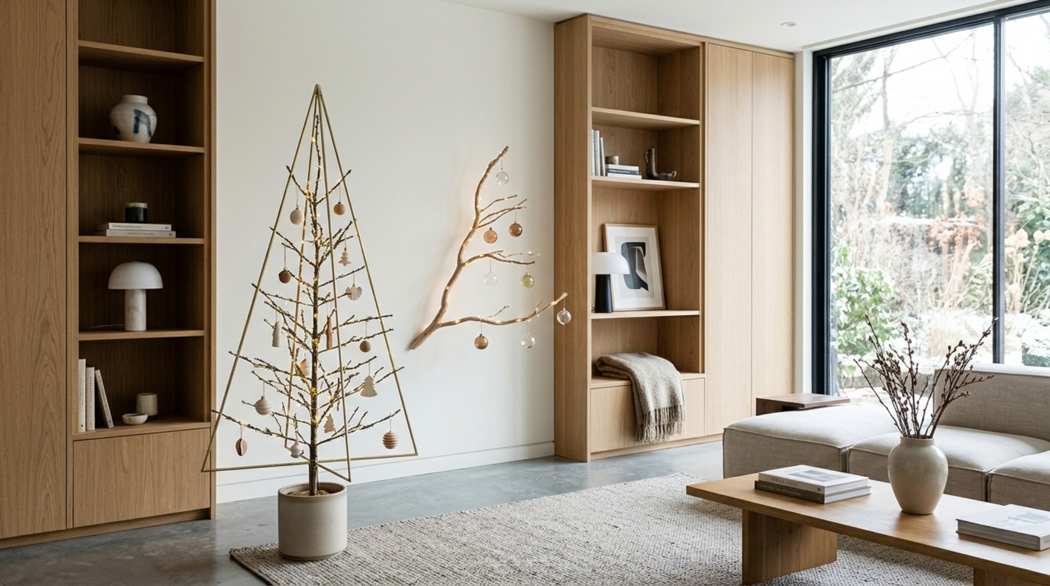 Modern designer xmas trees ideas styled with asymmetrical branches and minimal ornaments to create a sculptural focal point against white oak cabinetry. Modern designer xmas trees ideas styled with asymmetrical branches and minimal ornaments to create a sculptural focal point against white oak cabinetry.