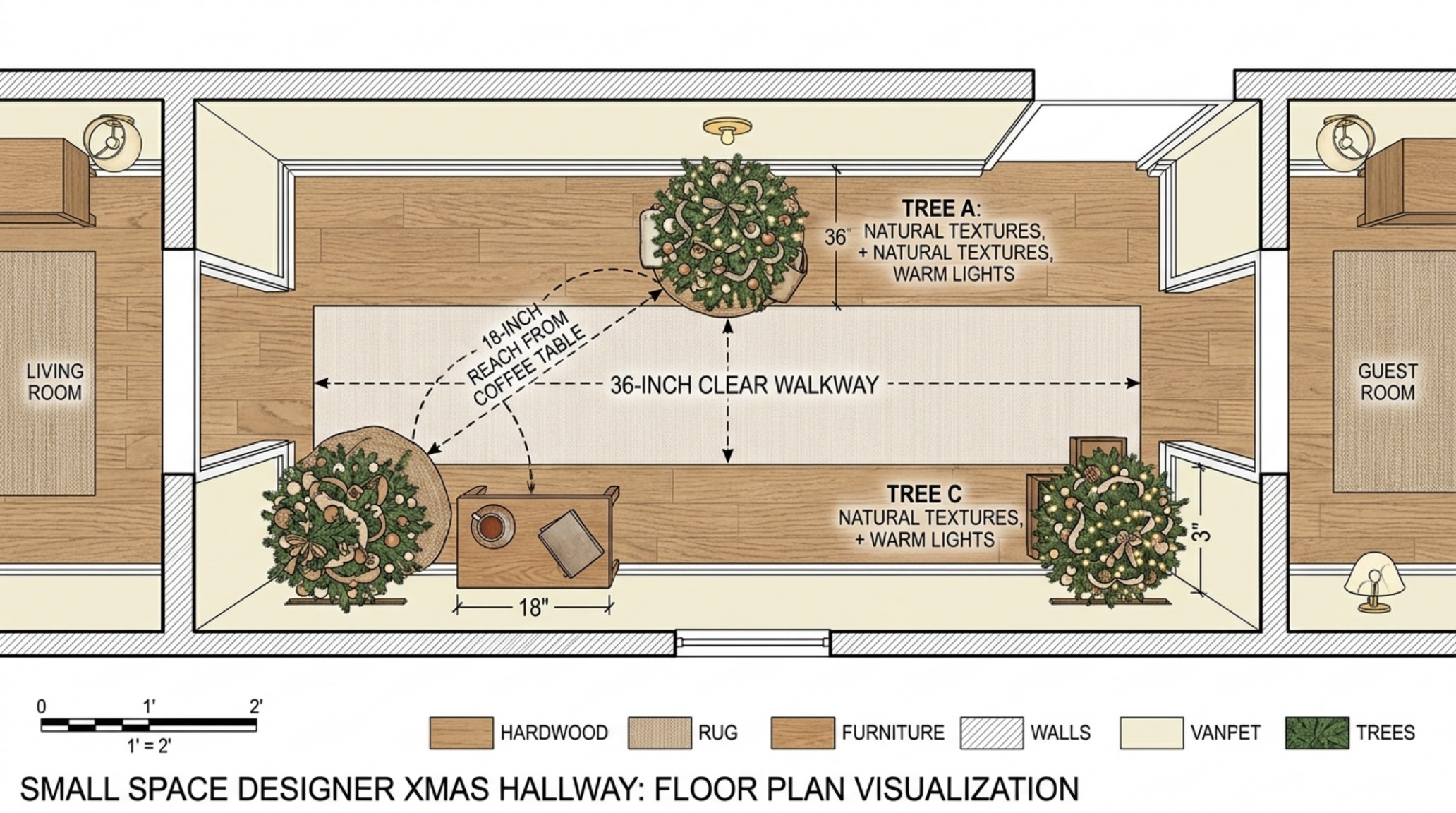 Small space designer xmas trees positioned in a narrow hallway alcove with 36-inch clearance maintained for functional circulation and spatial flow. Small space designer xmas trees positioned in a narrow hallway alcove with 36-inch clearance maintained for functional circulation and spatial flow.