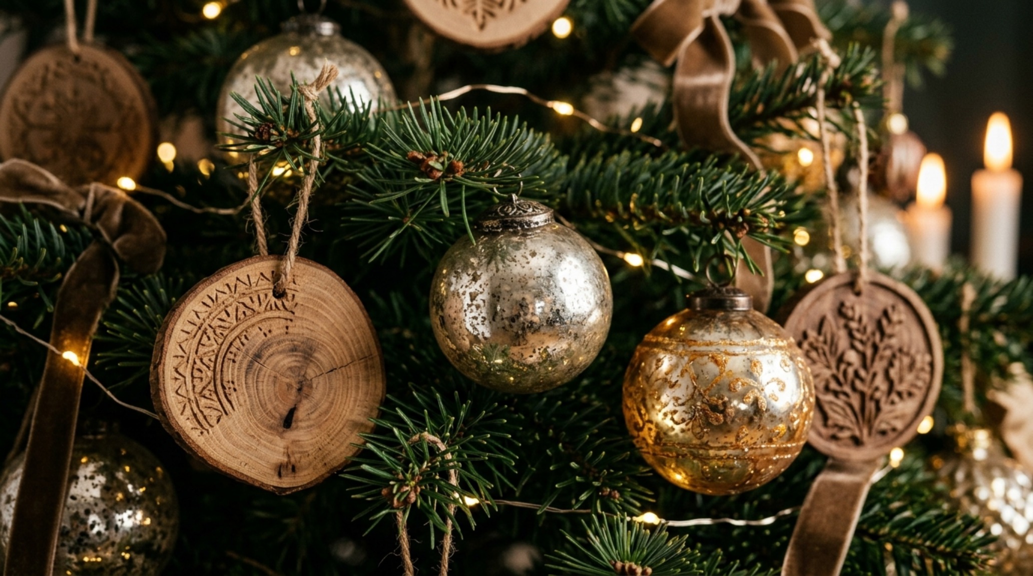 Luxury designer xmas trees textures including mercury glass and carved wooden disks that provide a tactile contrast to the sharp needles of a Frasier Fir. Luxury designer xmas trees textures including mercury glass and carved wooden disks that provide a tactile contrast to the sharp needles of a Frasier Fir.