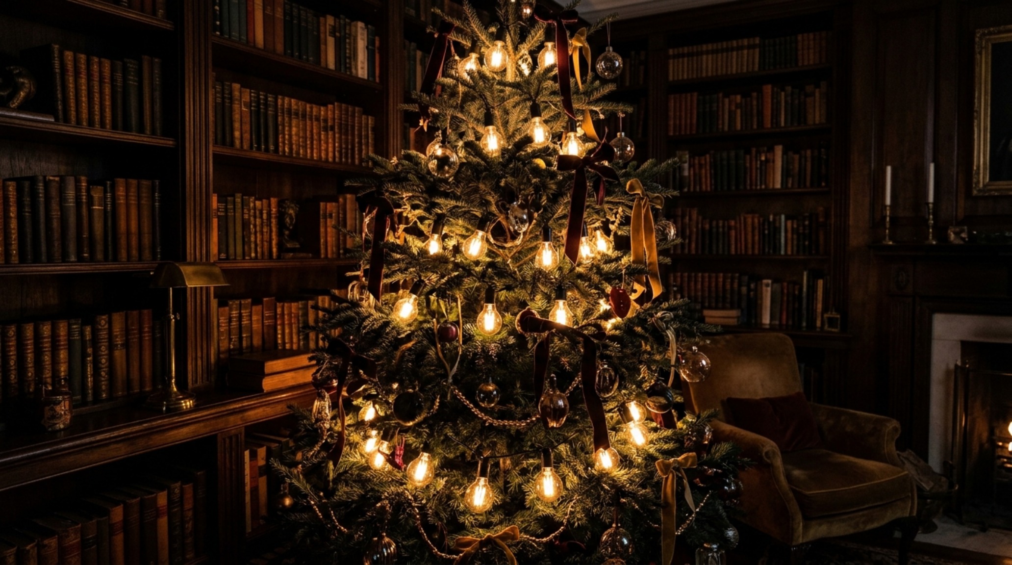 Designer xmas trees lighting guide showing internal trunk lighting techniques to create a multidimensional core glow in a high-ceilinged library room. Designer xmas trees lighting guide showing internal trunk lighting techniques to create a multidimensional core glow in a high-ceilinged library room.