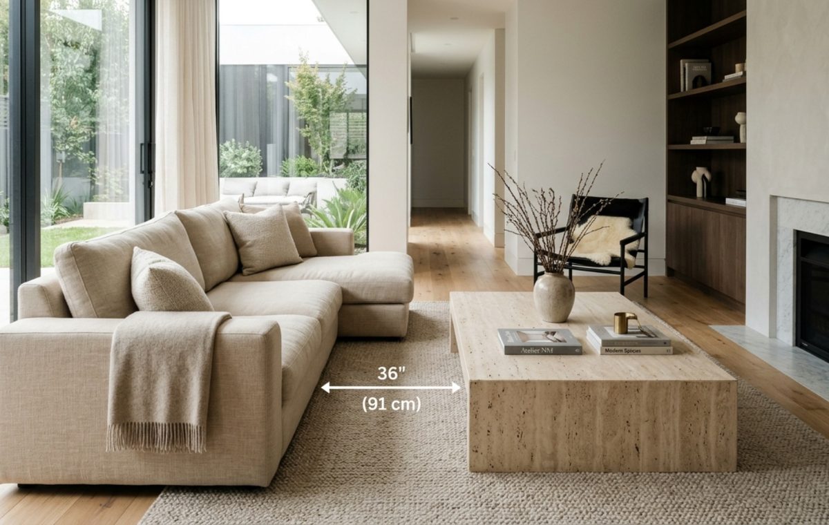 Ergonomic furniture placement 3d demonstrating a 36-inch primary walkway around a custom linen sectional with a 18-inch clearance to a honed travertine coffee table.